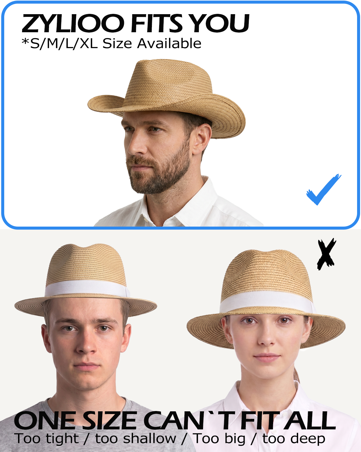 Zylioo khaki straw cowboy hat fit comparison for men with big heads