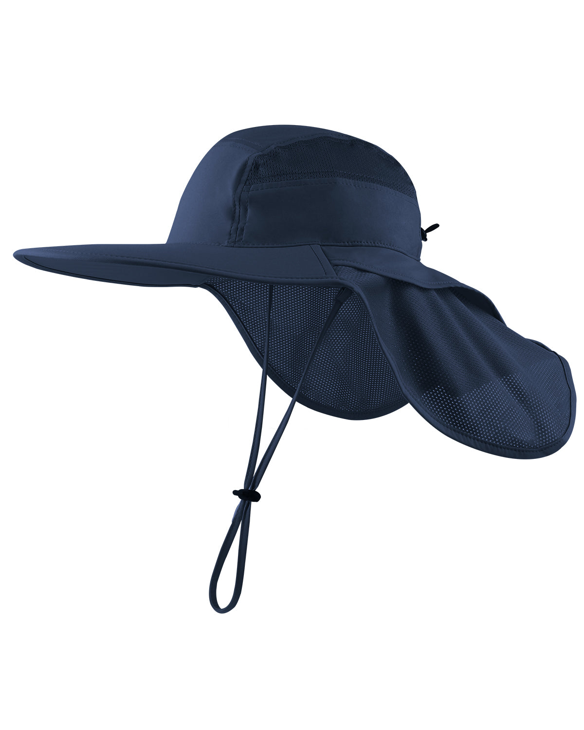 Navy blue wide brim sun hat with neck flap for big heads front view