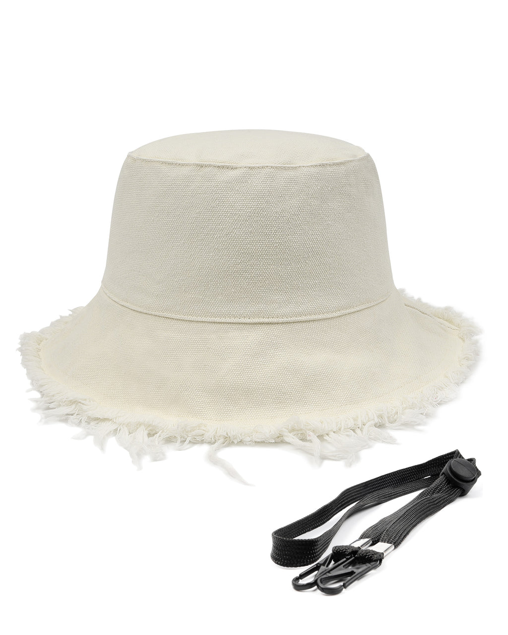 White fringe bucket hat side view - textured trim and wide brim for sun protection