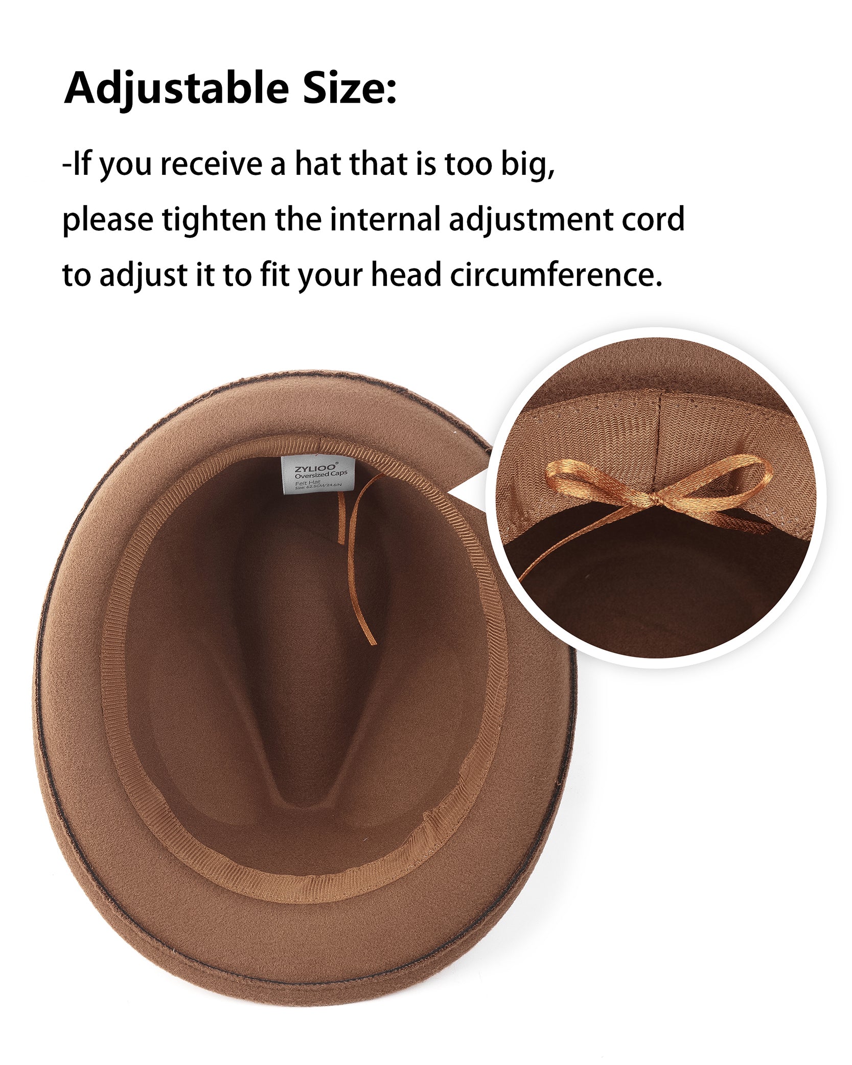 Brown adjustable felt trilby fedora for big heads - adjustable sizing detail