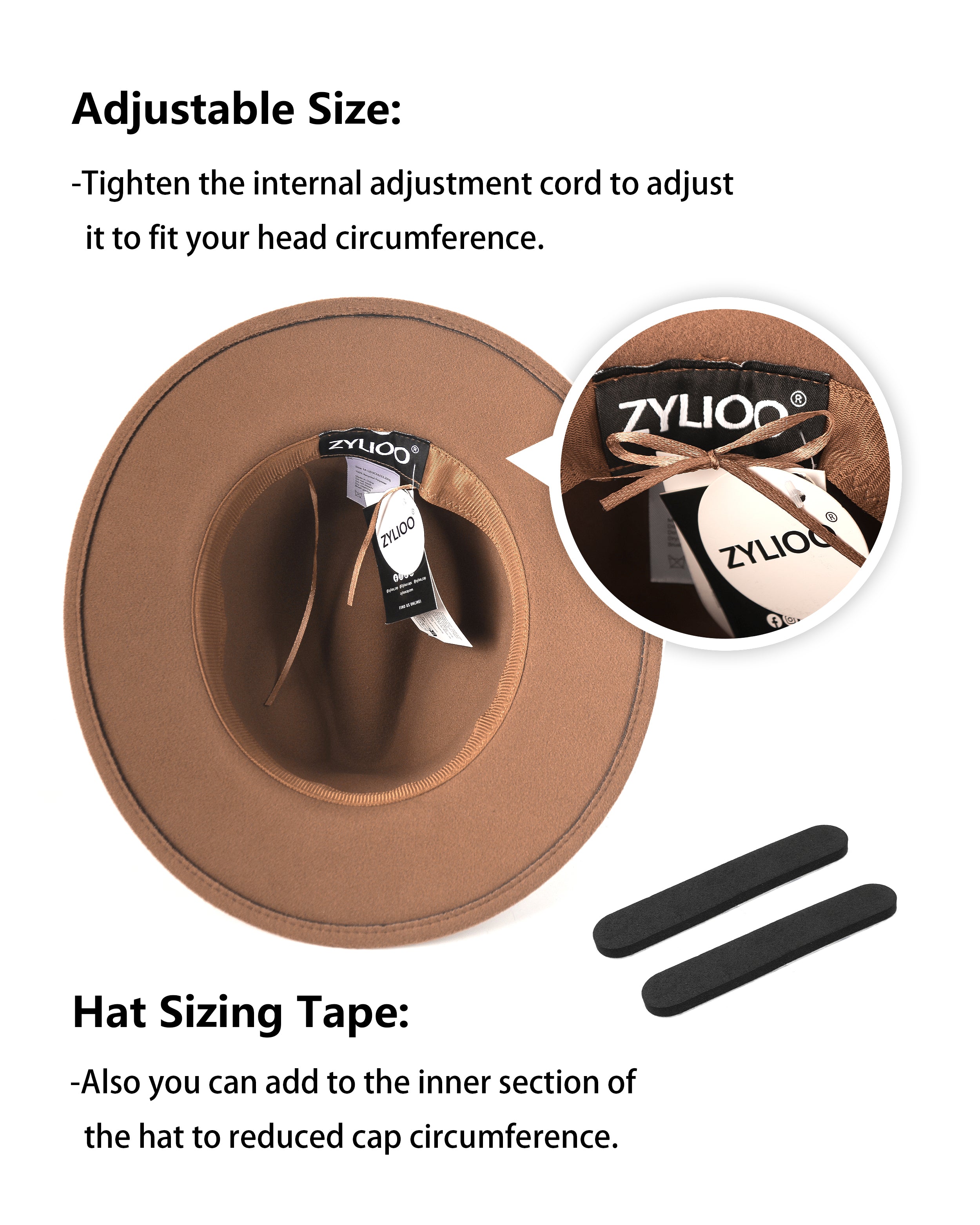 Brown felt wide-brim fedora for big heads - interior sweatband detail
