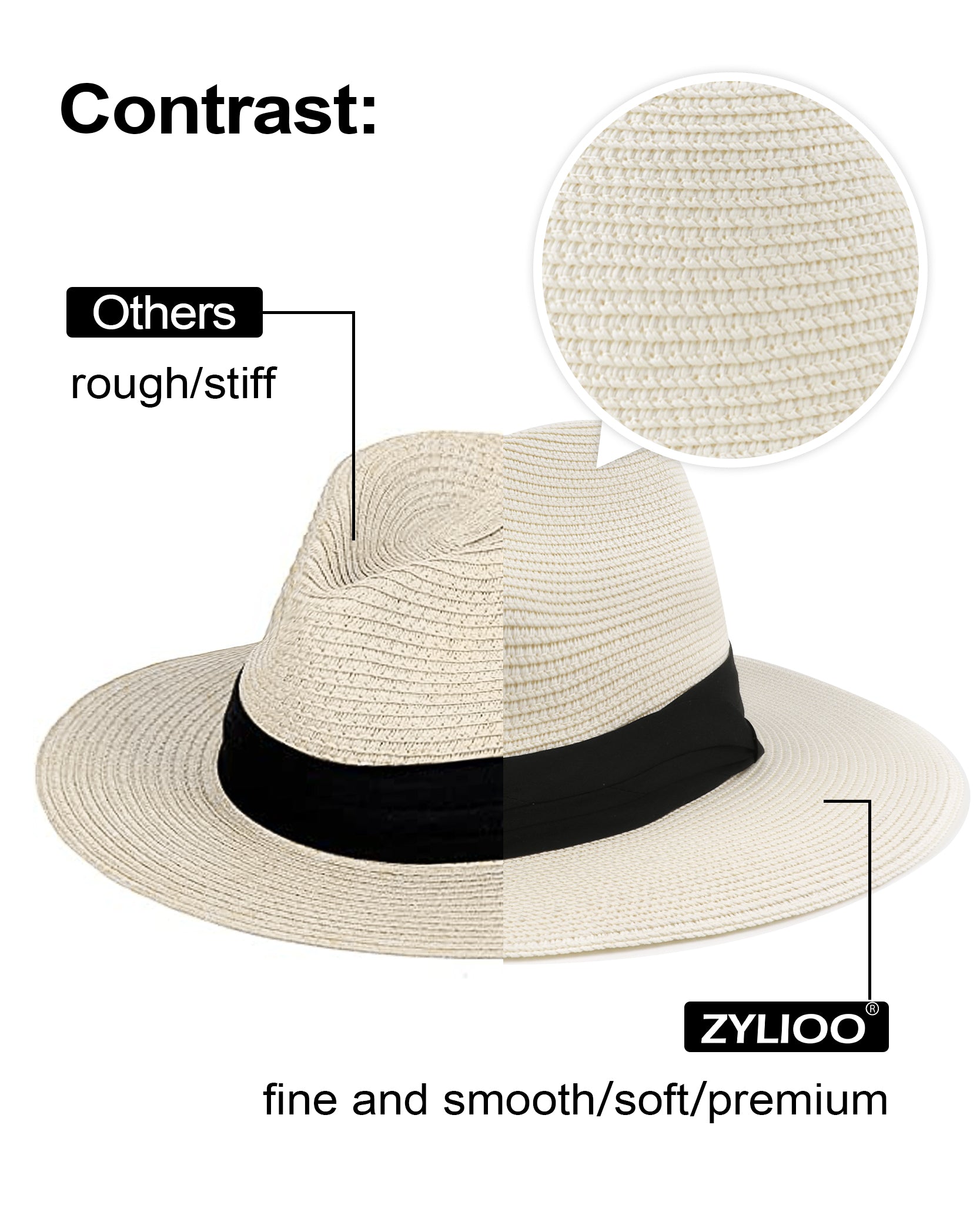 Beige panama straw sun hat for big heads - interior sweatband detail