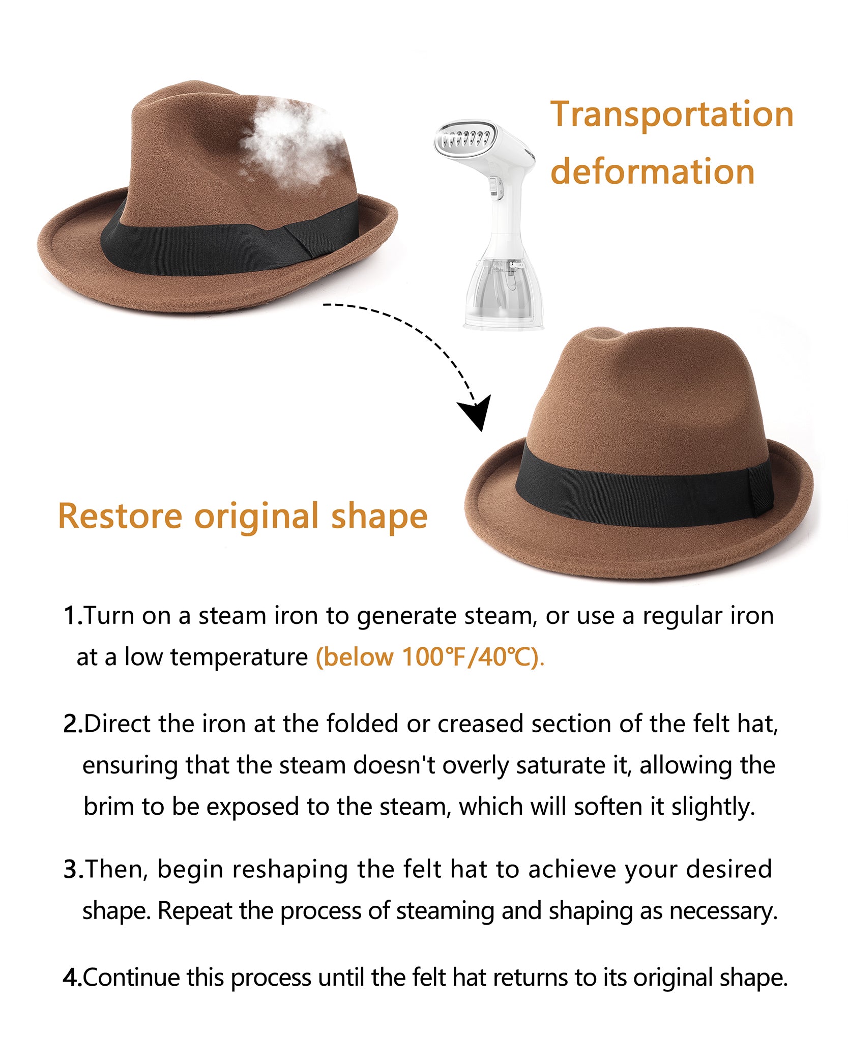 Brown adjustable felt trilby fedora for big heads - steam shaping and reshaping detail