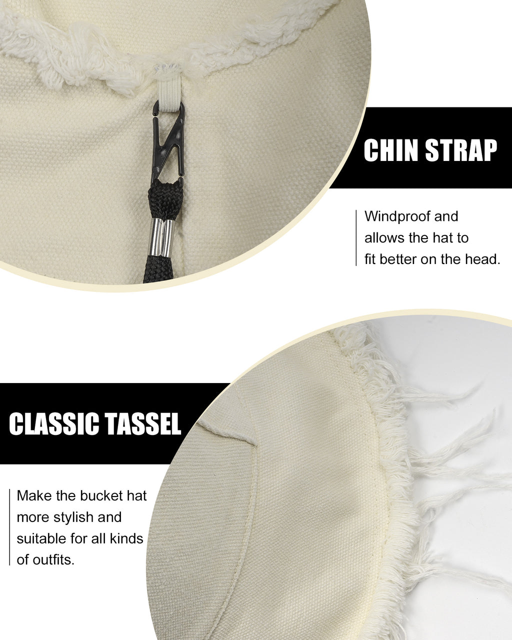 White fringe bucket hat side view - textured trim and wide brim for sun protection