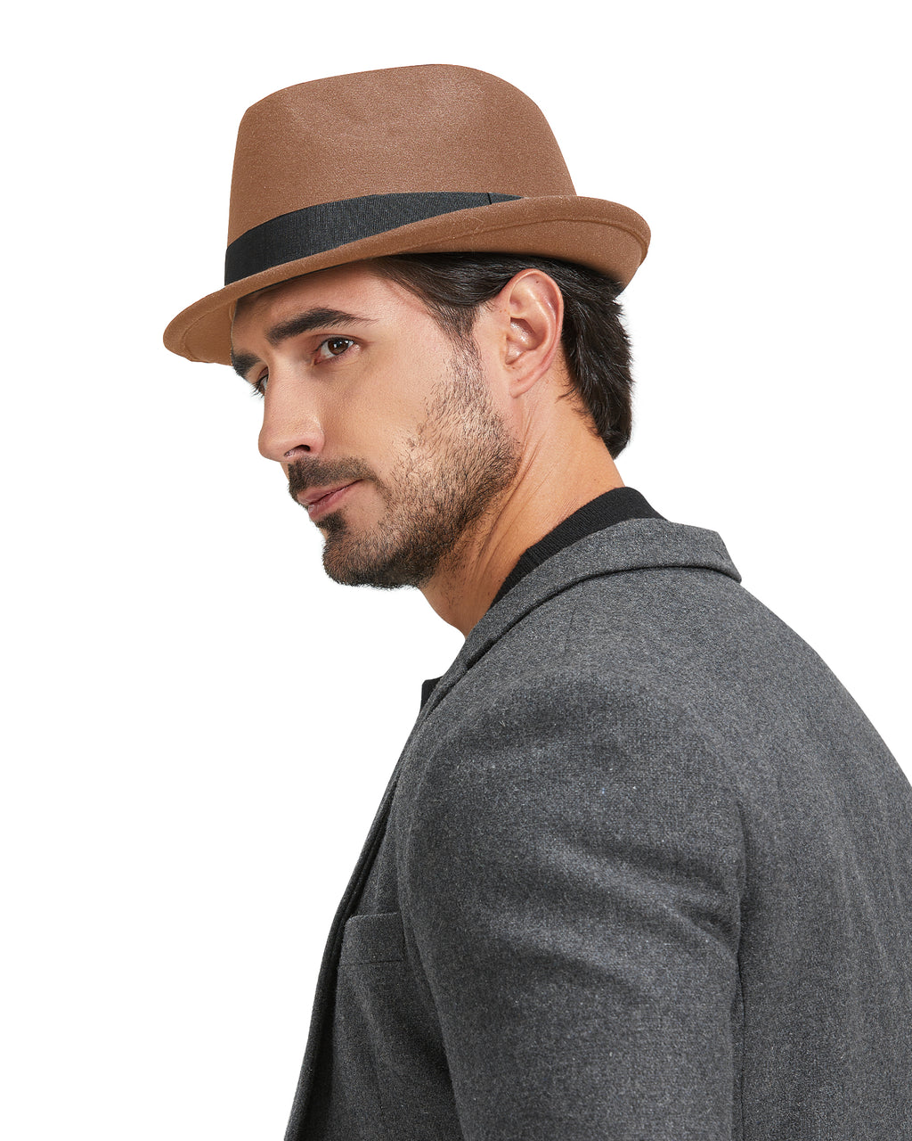 Brown adjustable felt trilby fedora for big heads - on model lifestyle photo