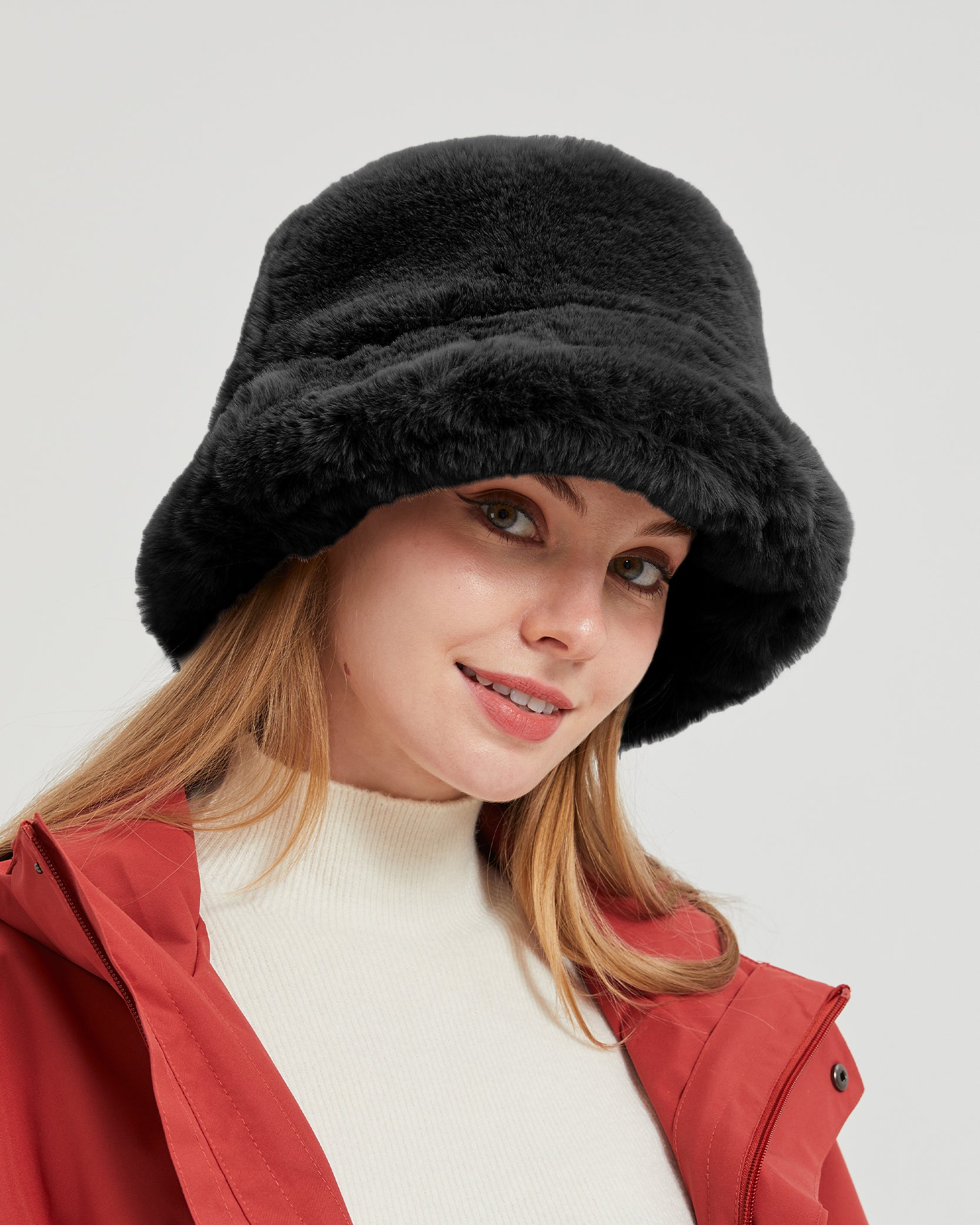 Black fluffy winter bucket hat for big heads - on model lifestyle photo