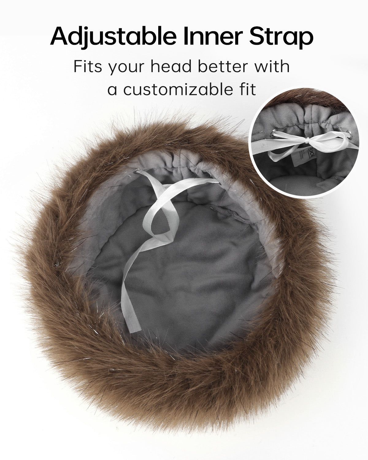  Brown faux fur cossack hat for big heads - interior warm lining detail