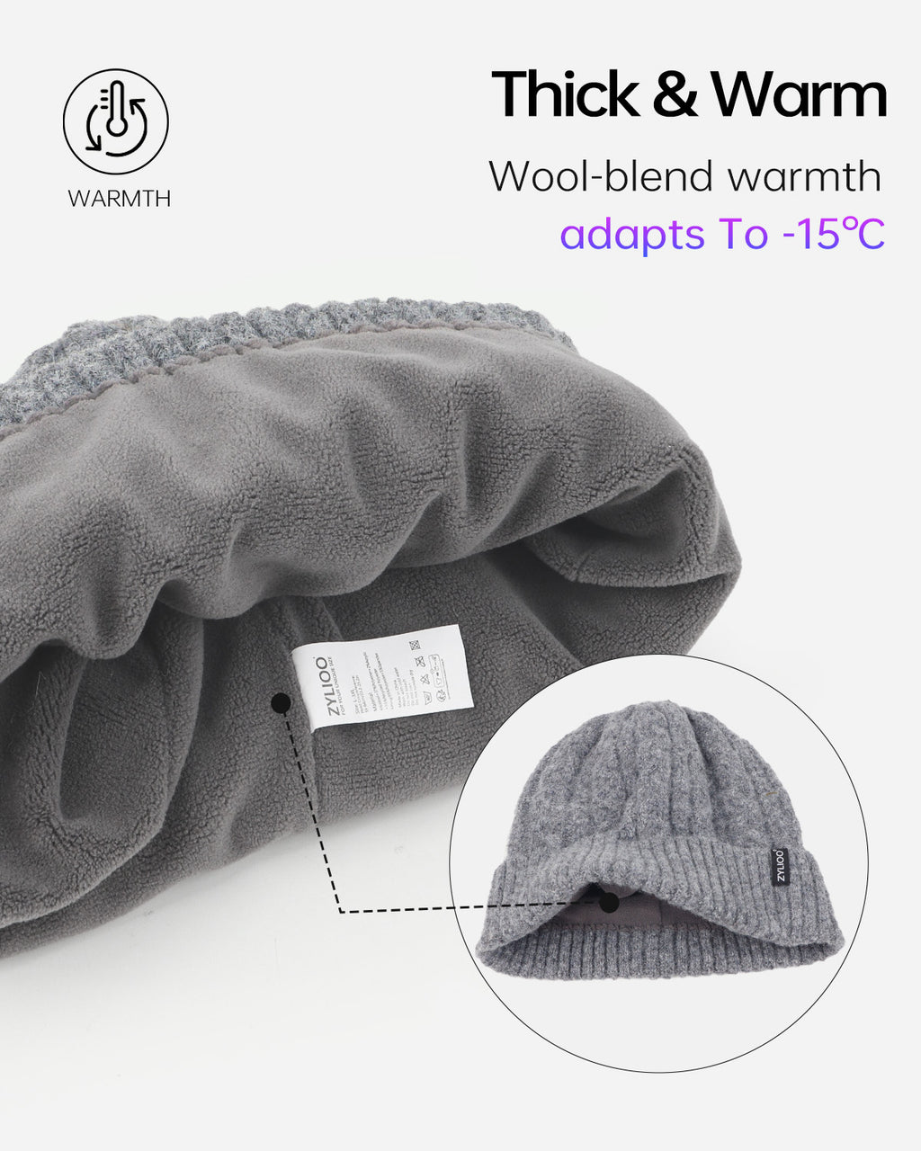  Gray fleece-lined cable beanie for big heads - interior fleece lining detail