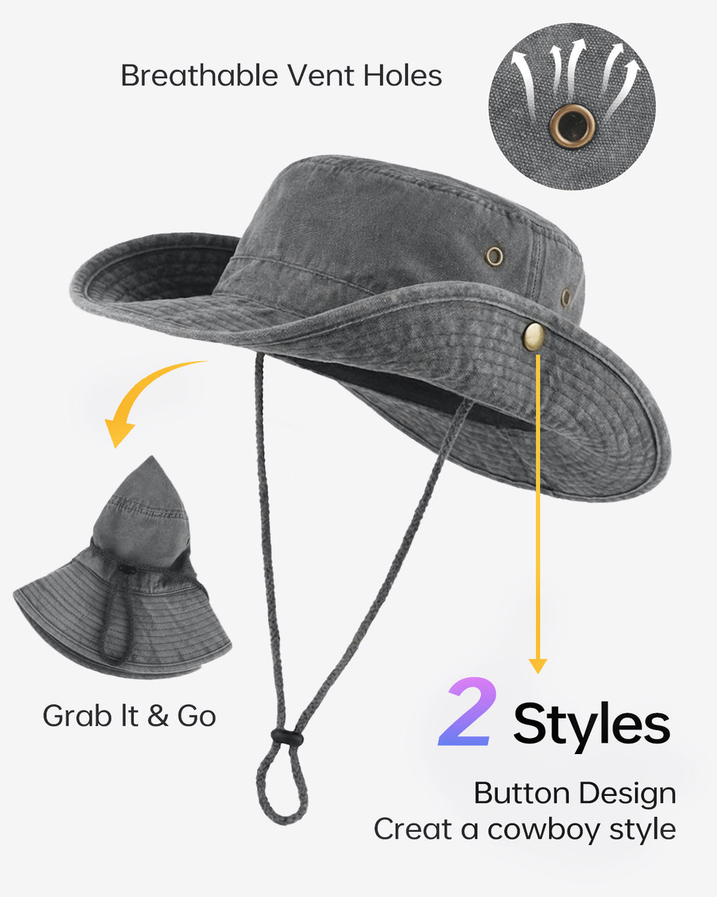 Gorro de sol tipo boonie lavado para cabezas grandes