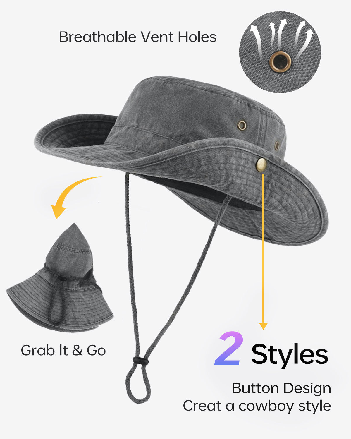 Gorro de sol tipo boonie lavado para cabezas grandes
