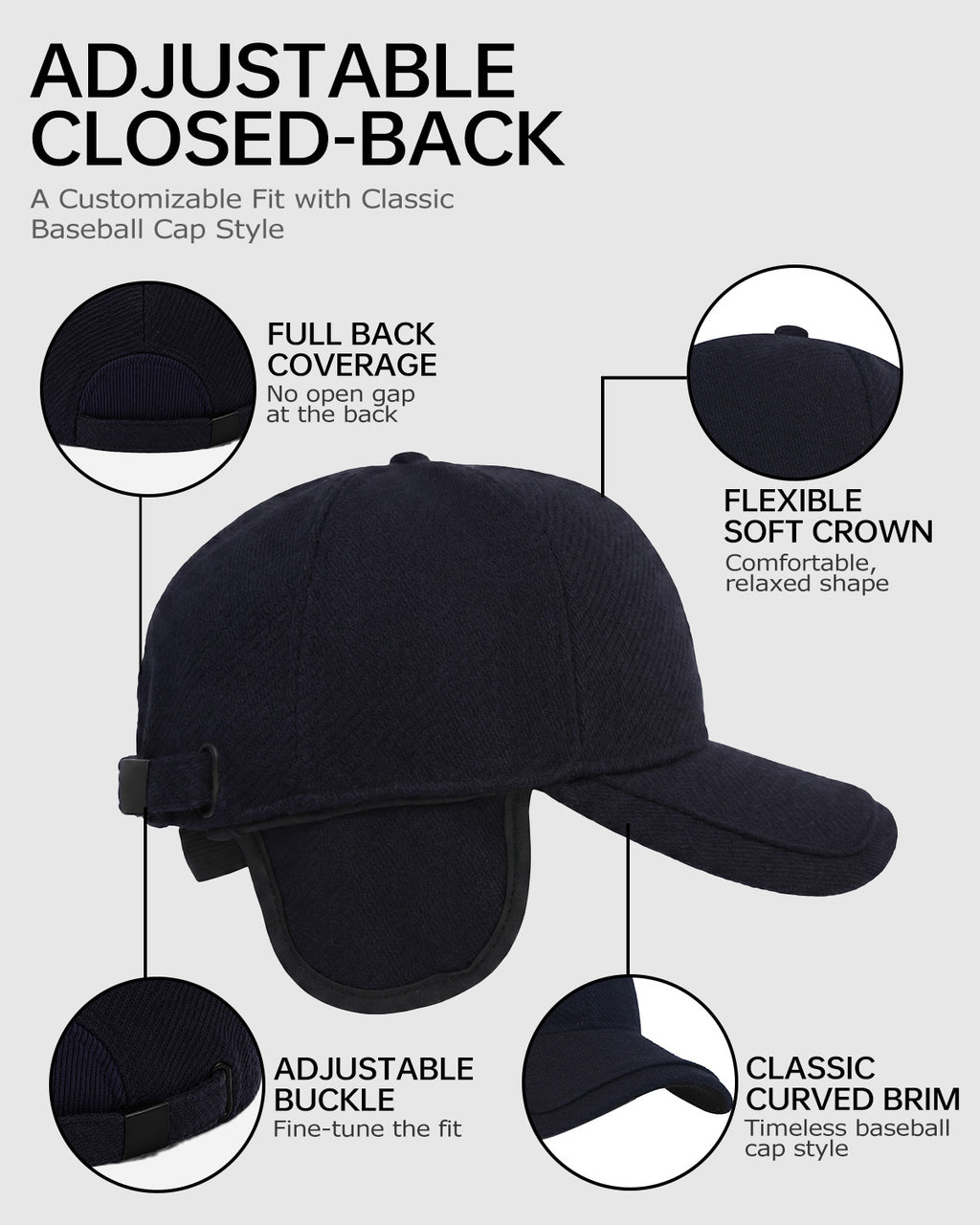 Winter Baseball Cap with Ear Flaps for Big Heads