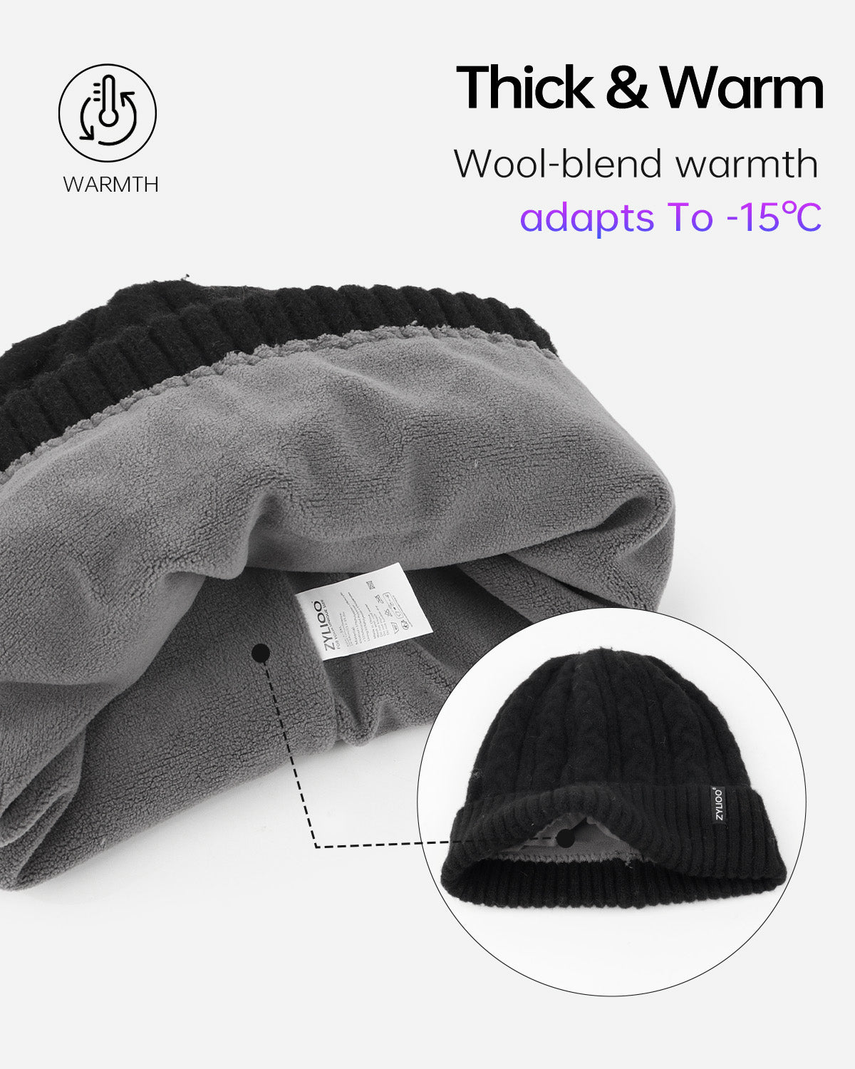 Black fleece-lined cable beanie for big heads - interior fleece lining detail