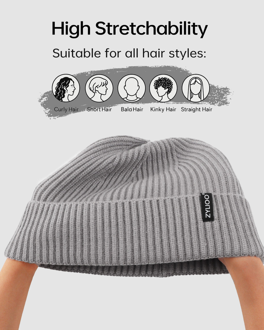 Silver ribbed knit beanie for big heads - stretchy ribbed fabric detail