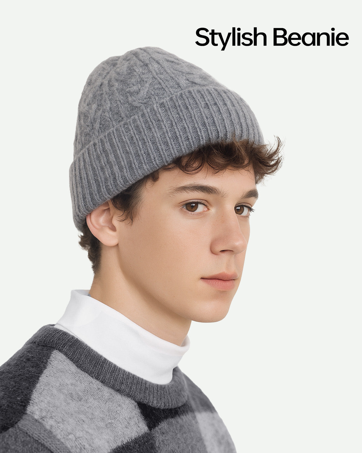Gray fleece-lined cable beanie for big heads - on model lifestyle photo