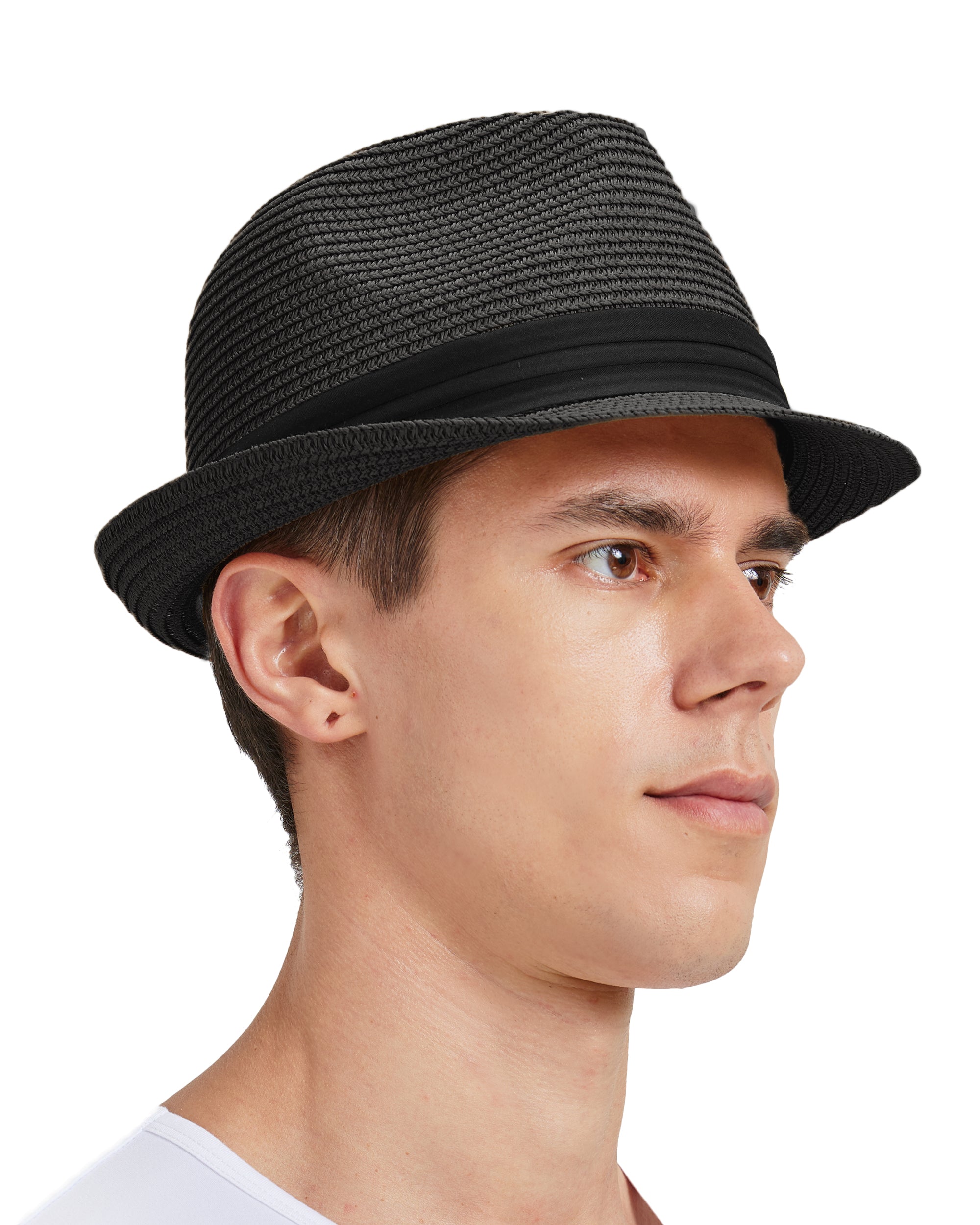 Cuban black fedora straw hat for big heads - on model lifestyle photo