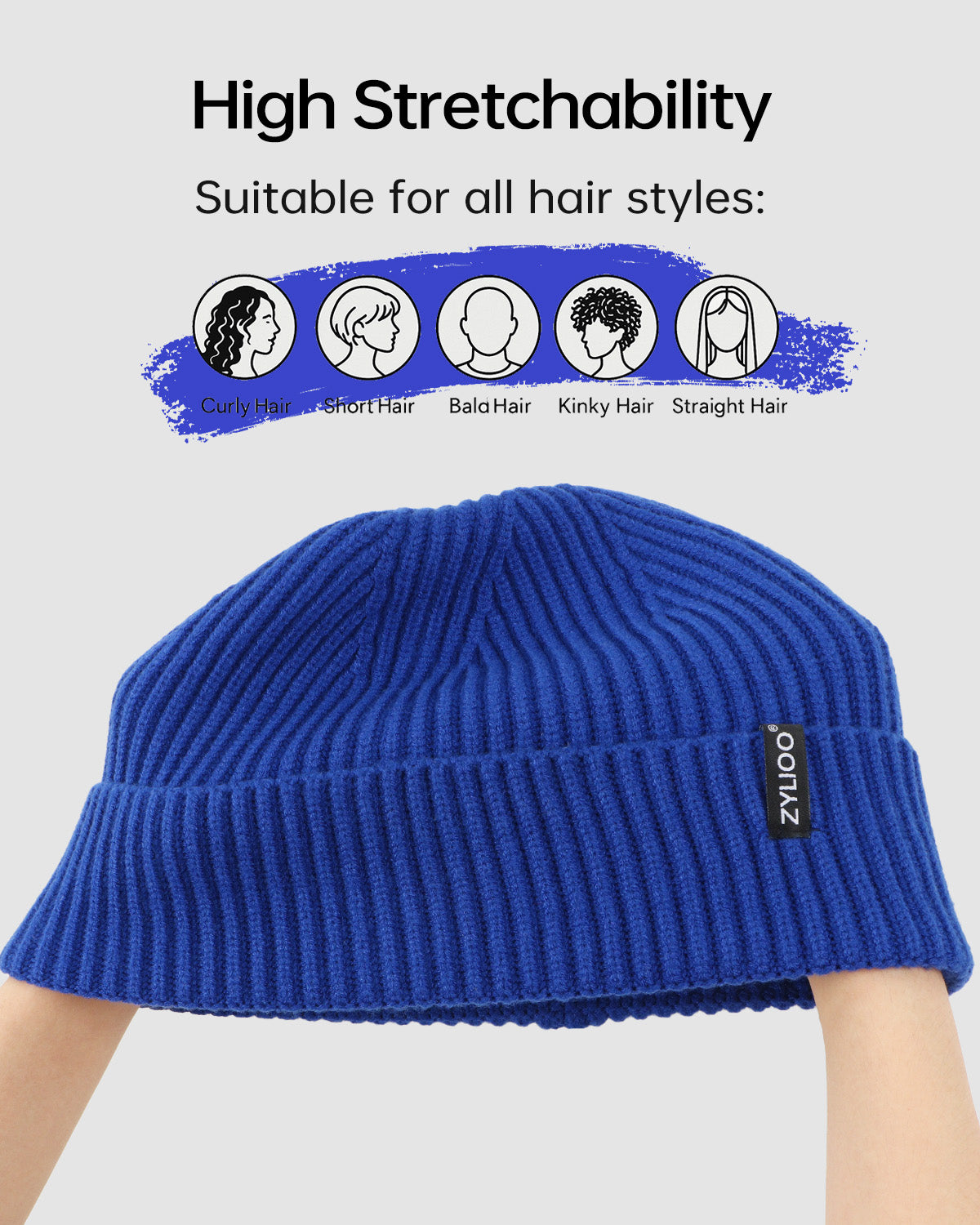 Blue ribbed knit beanie for big heads - stretchy ribbed fabric detail