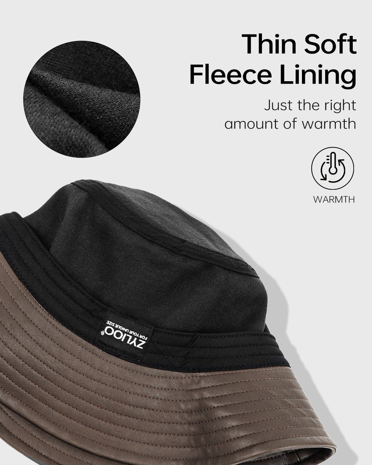 Brown PU leather bucket hat for big heads - interior sweatband detail