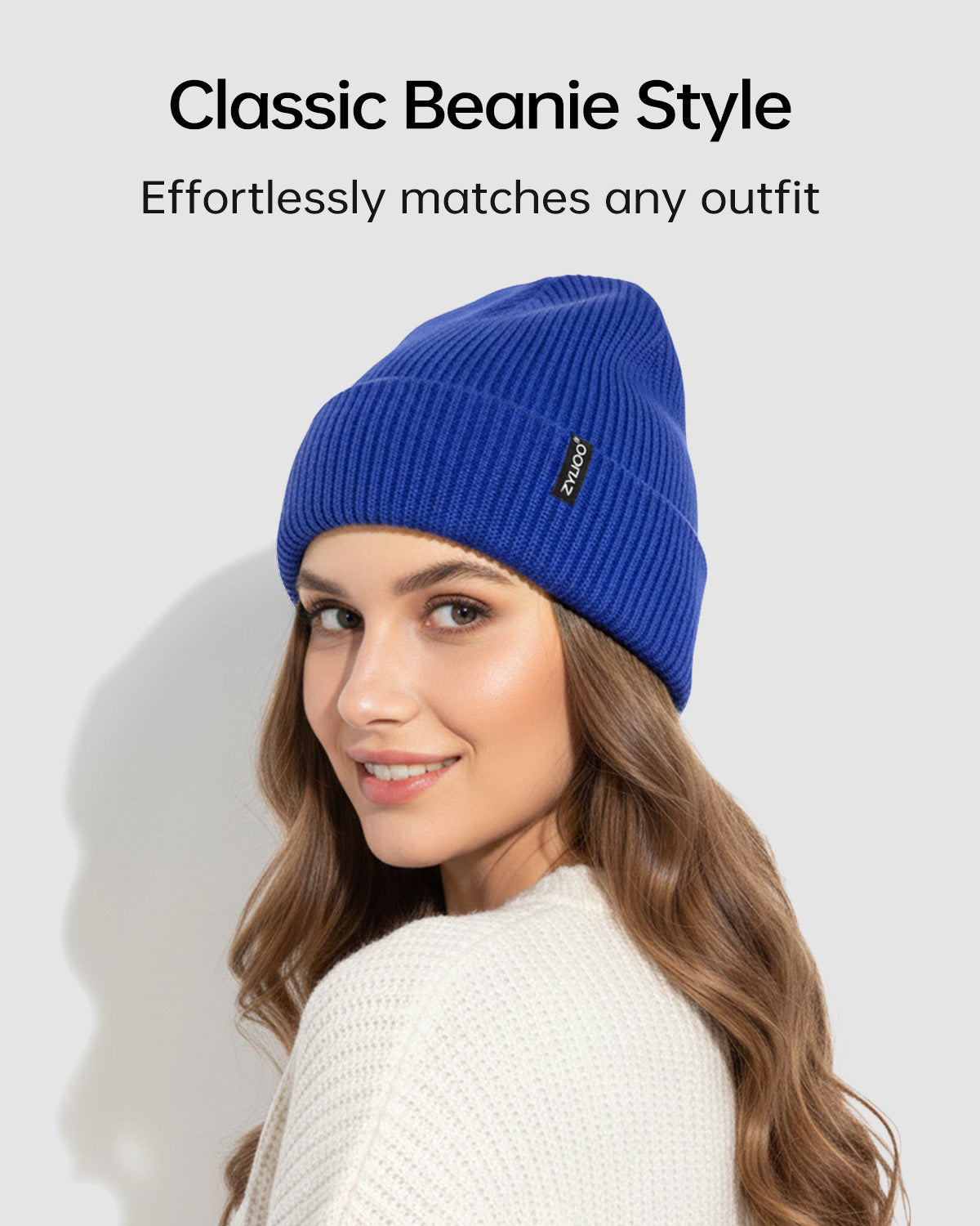 Blue ribbed knit beanie for big heads - model photo