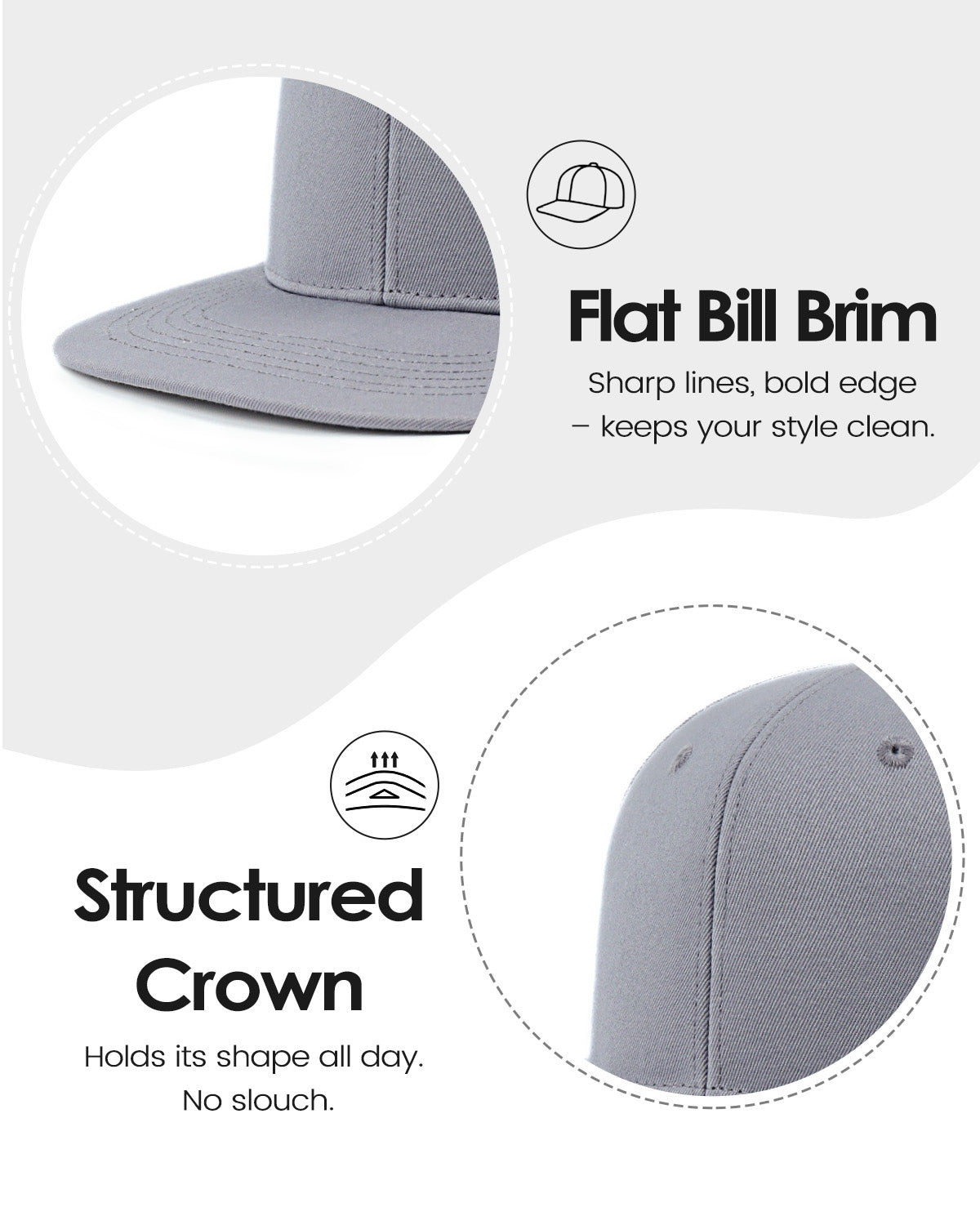 Gray flat bill snapback baseball cap for big heads - front view with flat brim and crown detail