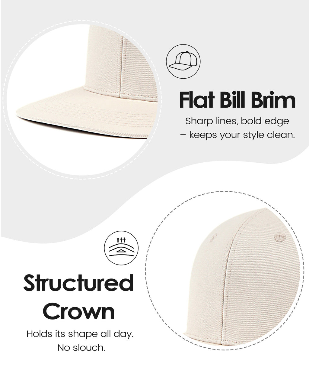 Gray flat bill snapback baseball cap for big heads - front view with flat brim and crown detail