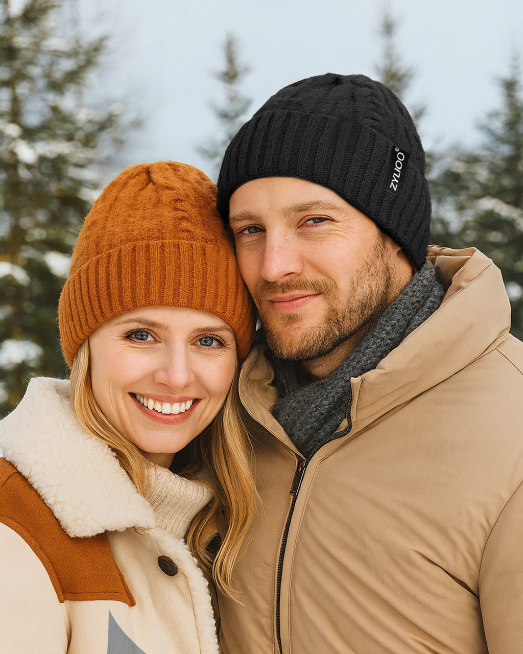 Black fleece-lined cable beanie for big heads - on model lifestyle photo