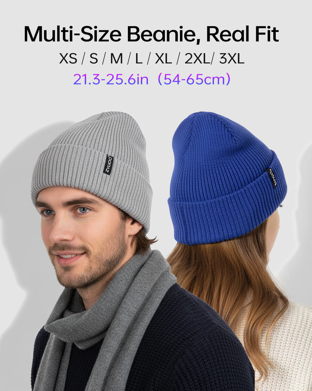 Blue ribbed knit beanie for big heads - model photo