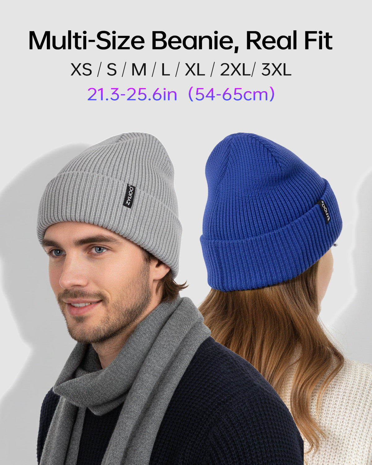 Blue ribbed knit beanie for big heads - model photo