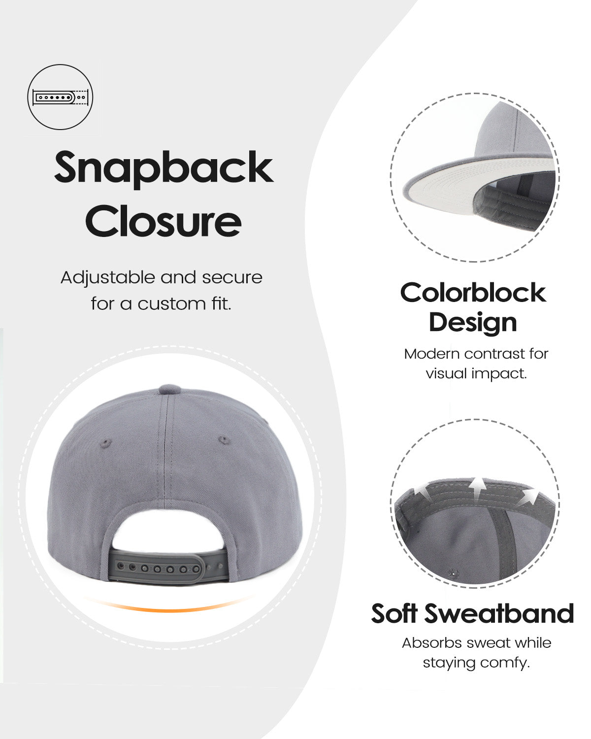 Gray flat bill snapback baseball cap for big heads - back view with snapback closure