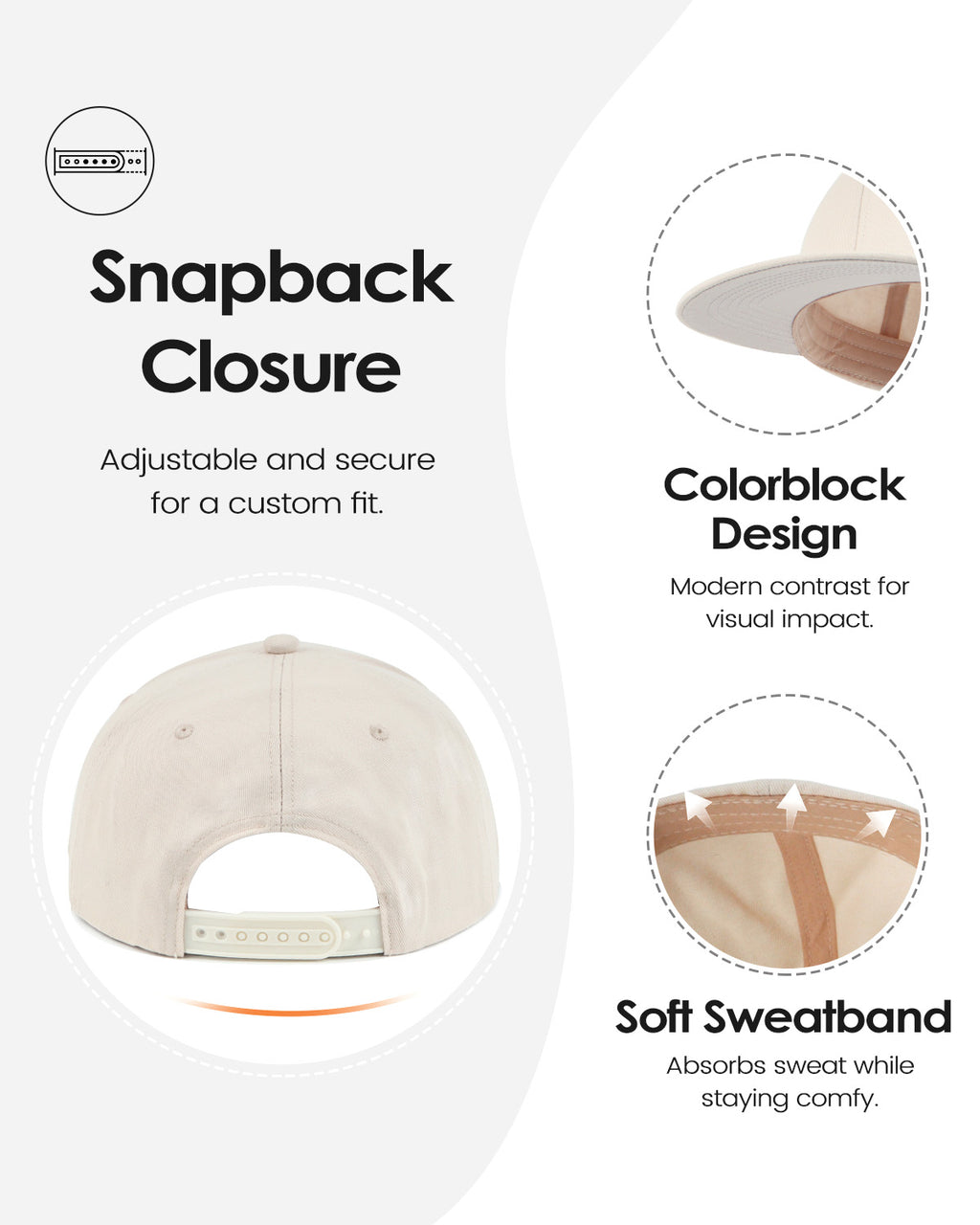 Beige flat bill snapback baseball cap for big heads - back view with snapback closure