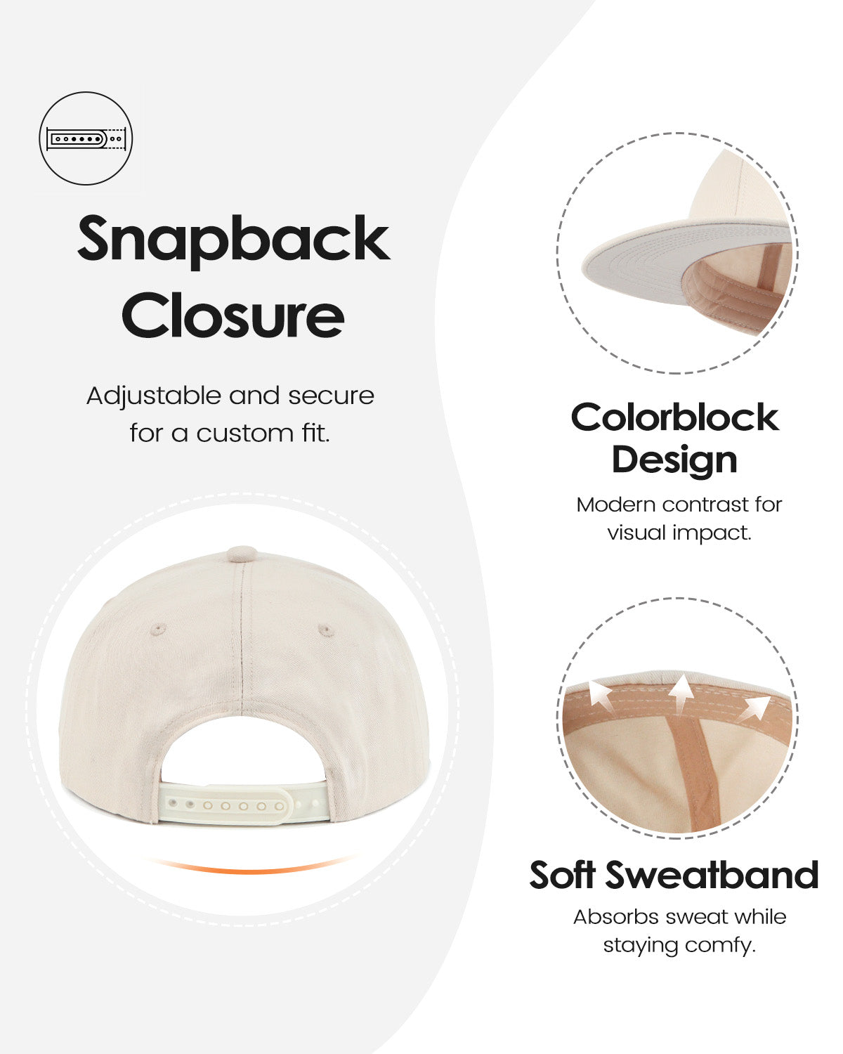 Beige flat bill snapback baseball cap for big heads - back view with snapback closure