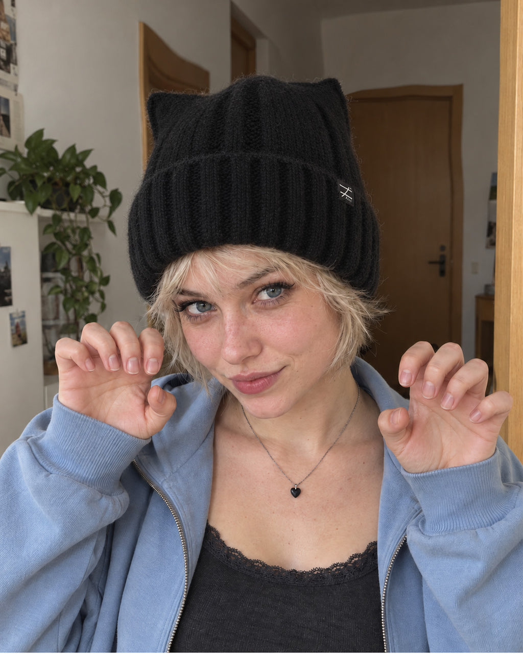 Fuzzy Cat Ear Beanie for Big Heads