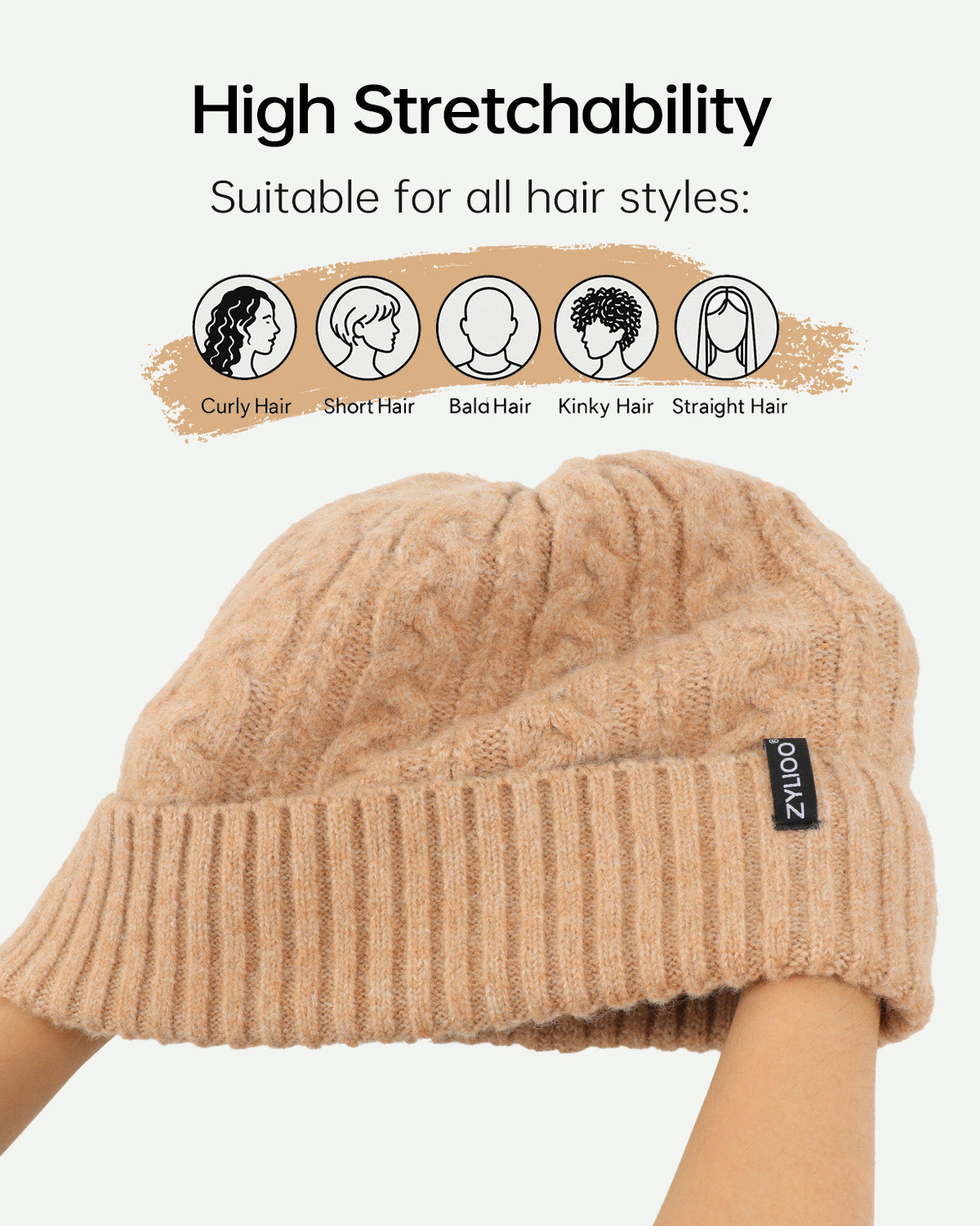 Khaki fleece-lined cable beanie for big heads - stretchy cable knit fabric detail