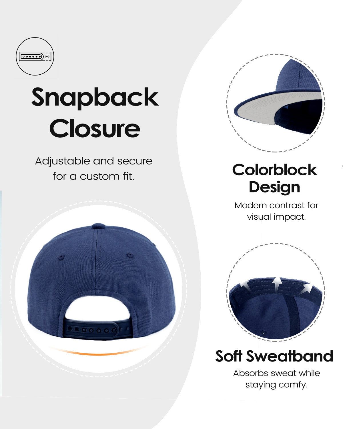 Navy flat bill snapback baseball cap for big heads - back view with snapback closure