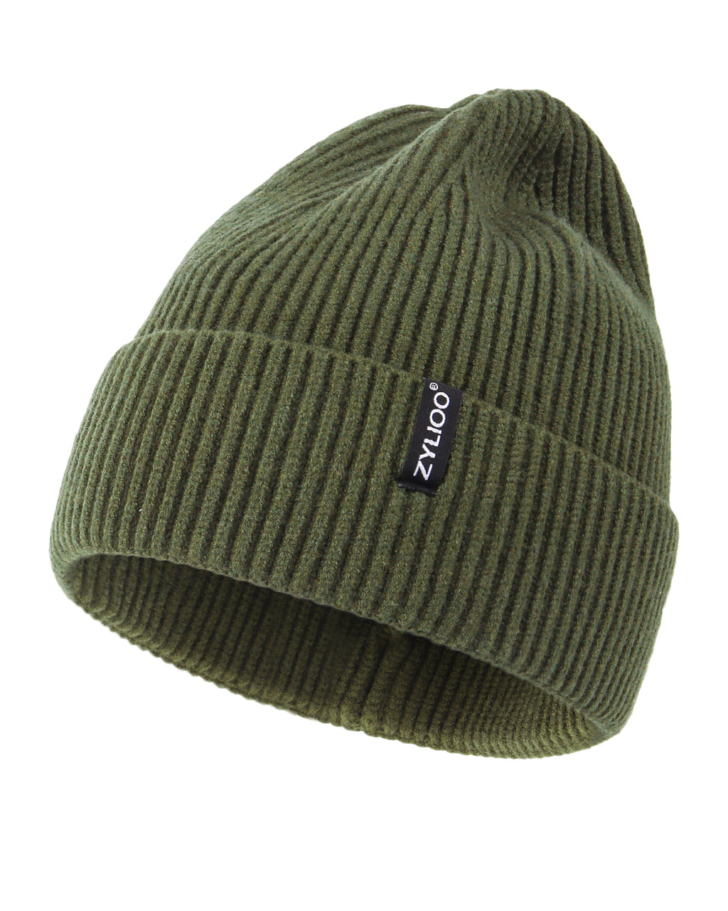 Army green ribbed knit beanie for big heads XXL - front view - Zylioo