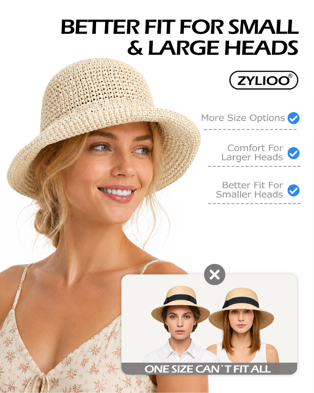Wide Brim Straw Bucket Hat for Big Heads