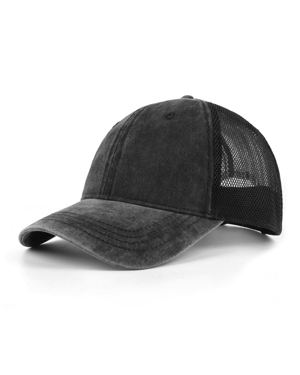 Black cooling mesh washed trucker hat for big heads XXL - three quarter view - Zylioo
