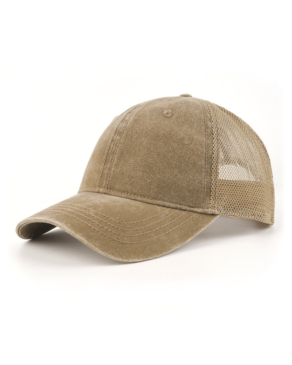 Khaki cooling mesh washed trucker hat for big heads XXL - three quarter view - Zylioo