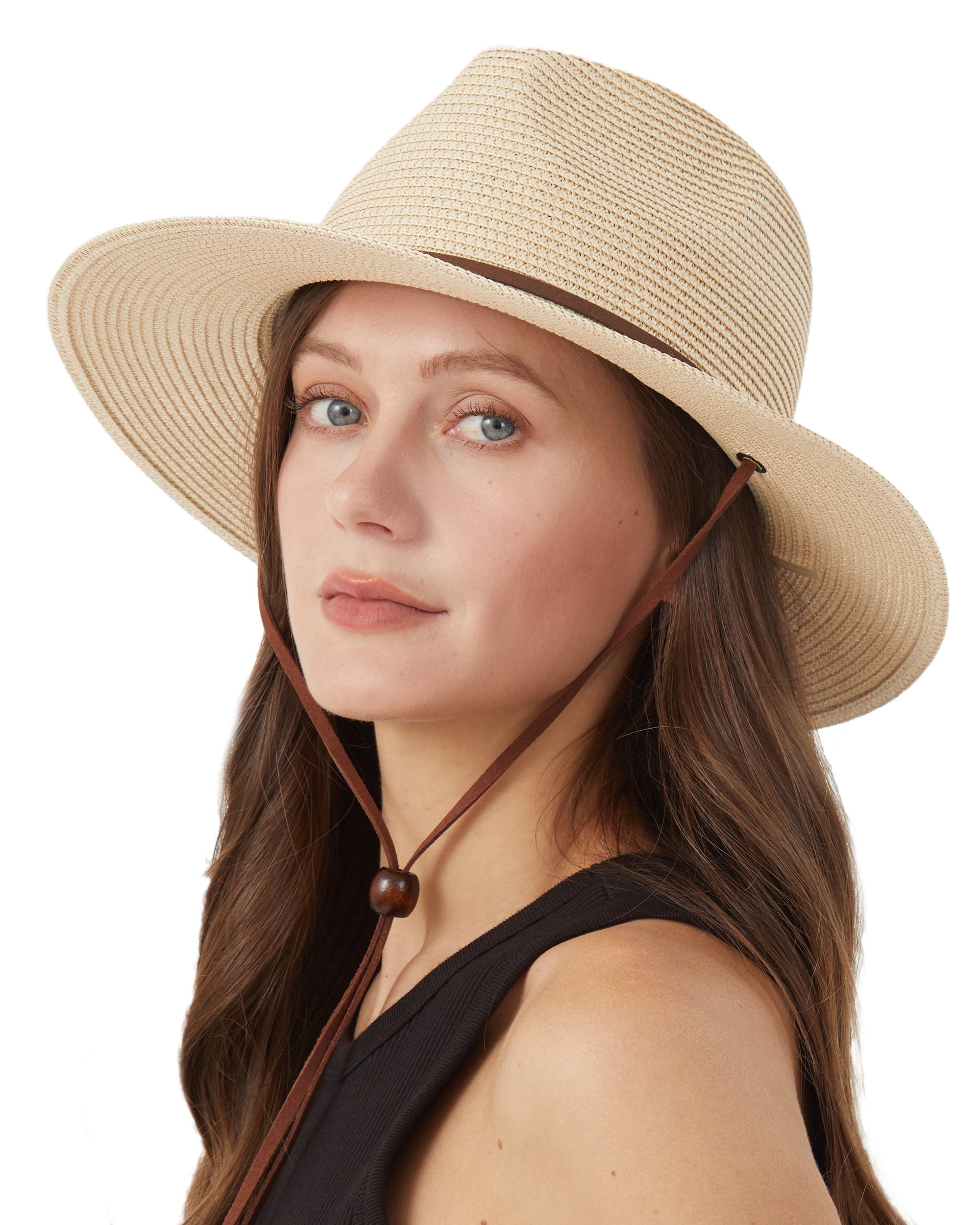  Beige strap panama fedora with lanyard for big heads  - on model lifestyle photo