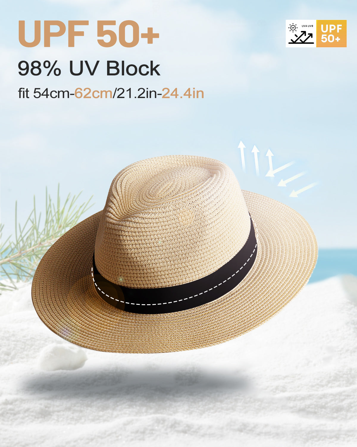 Khaki panama straw sun hat for big heads - interior sweatband detail