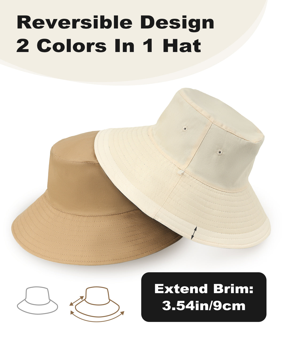 Khaki wide brim bucket hat for big heads - top crown view