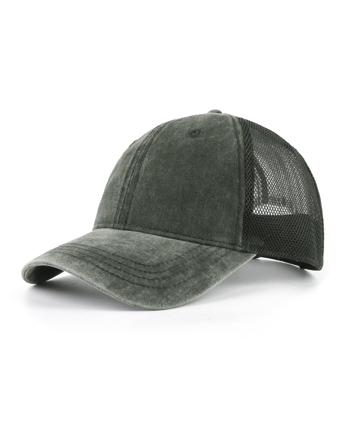 Army green cooling mesh washed trucker hat for big heads XXL - three quarter view - Zylioo