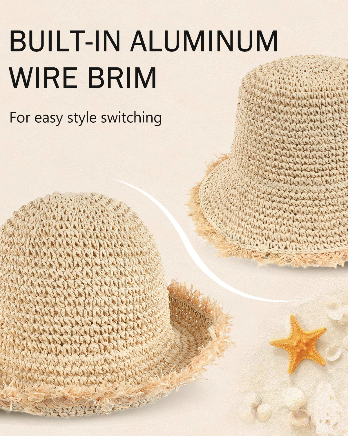 Beige straw bucket hat for big heads - wide brim detail close-up