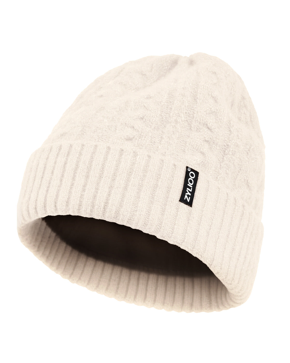 Beige fleece-lined cable beanie for big heads XXL - flat lay display - Zylioo