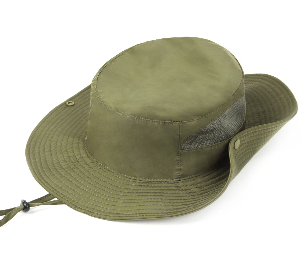 Army green quick-dry boonie sun hat for big heads - brim snap button detail