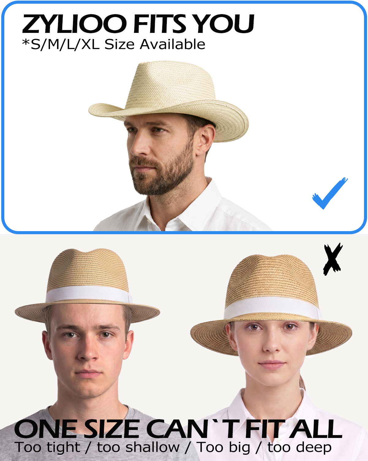 Zylioo beige straw cowboy hat with decorative band fit comparison