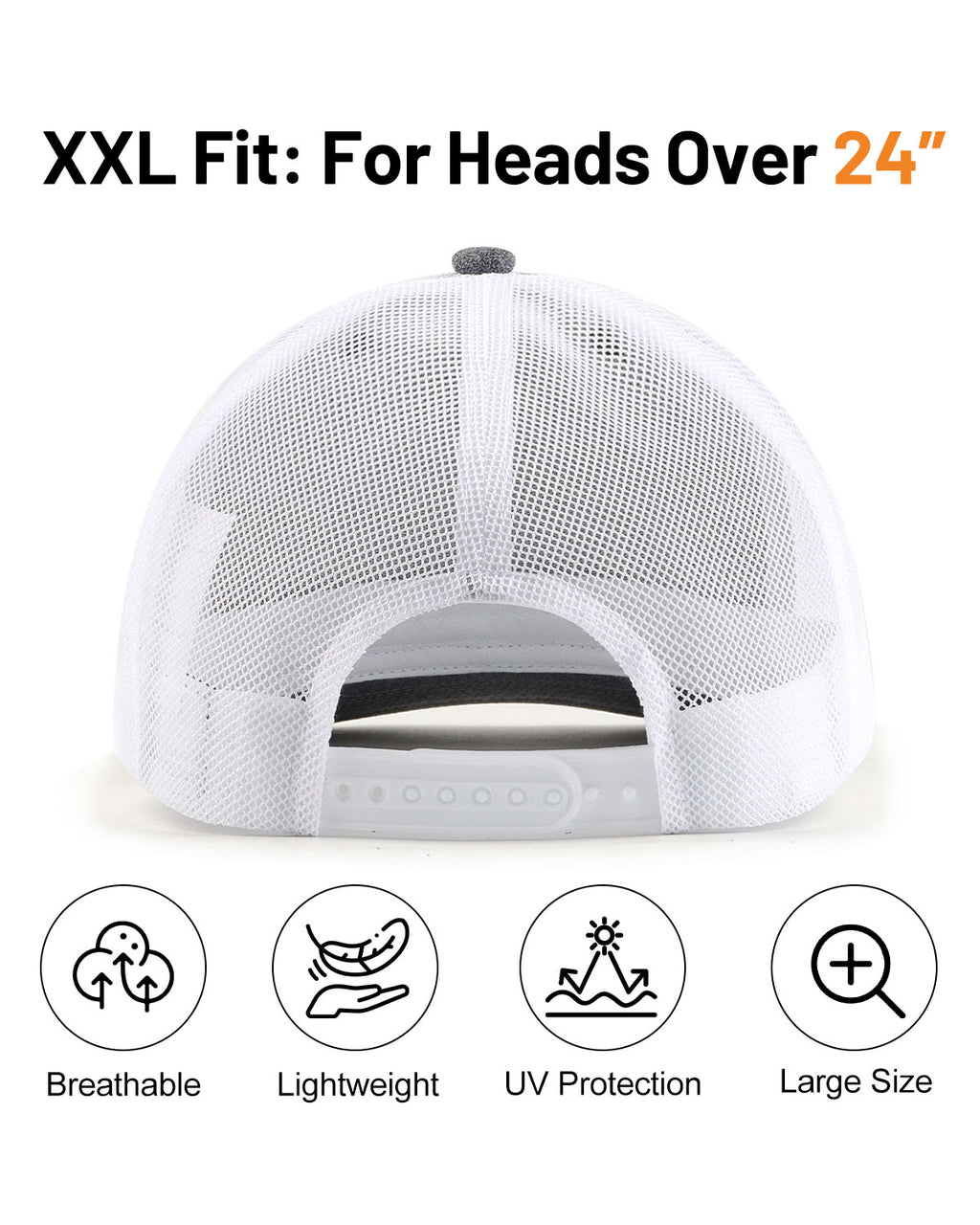 Gray mid profile snapback mesh trucker hat for big heads - back view with snapback detail
