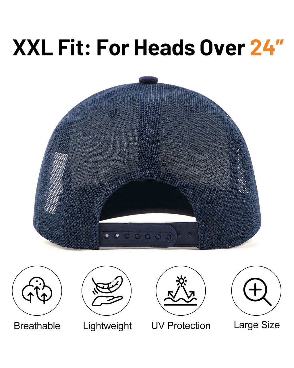 Navy blue mid profile snapback mesh trucker hat for big heads - back view with snapback detail