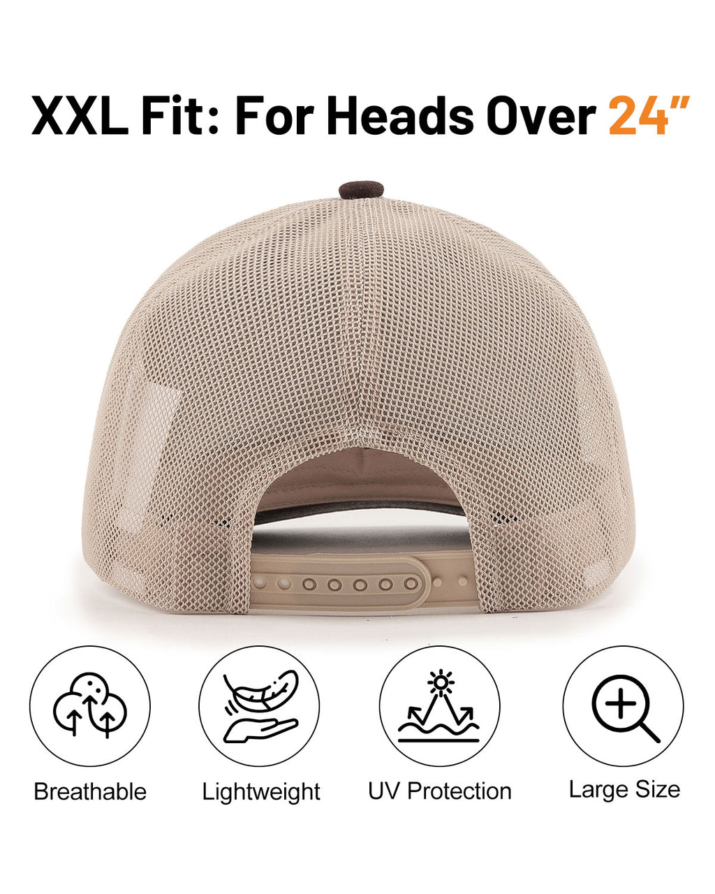 Brown khaki mid profile snapback mesh trucker hat for big heads - back view with snapback detail