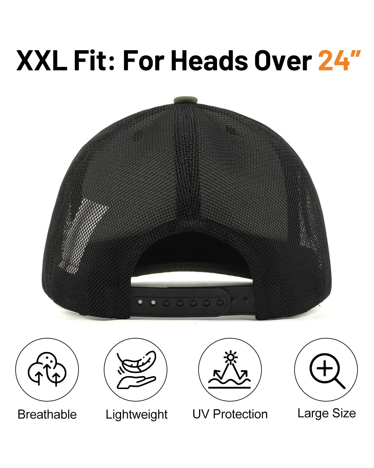 Army green black mid profile snapback mesh trucker hat for big heads - back view with snapback detail