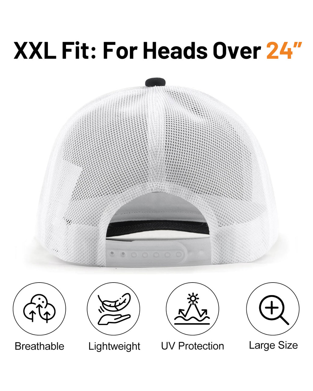 Black mid profile snapback mesh trucker hat for big heads - back view with snapback detail